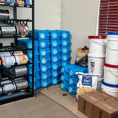 saganlife aquabrick food and water storage container 6 pack shown with emergency prep supplies
